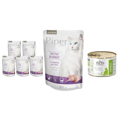 Mokra karma dla kotów Piper Animals Sterilised z królikiem zestaw 10 x 100 g + GRATIS 4Vets Natural Sterilised 185 g