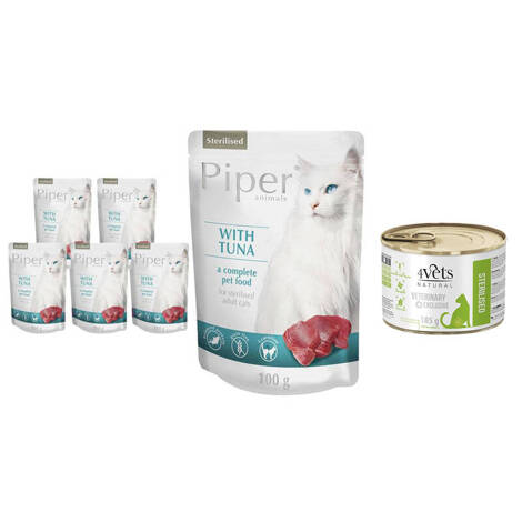Mokra karma dla kotów sterylizowanych Piper Animals Sterilised z tuńczykiem zestaw 10 x 100 g  + GRATIS 4Vets Natural Sterilised 185 g