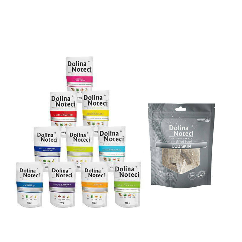 Mokra karma dla psa Dolina Noteci Premium Mix 60 x 500 g + gratis Dolina Noteci Natural Treats Cod Skin skóra dorsza przysmak dla psa 40 g