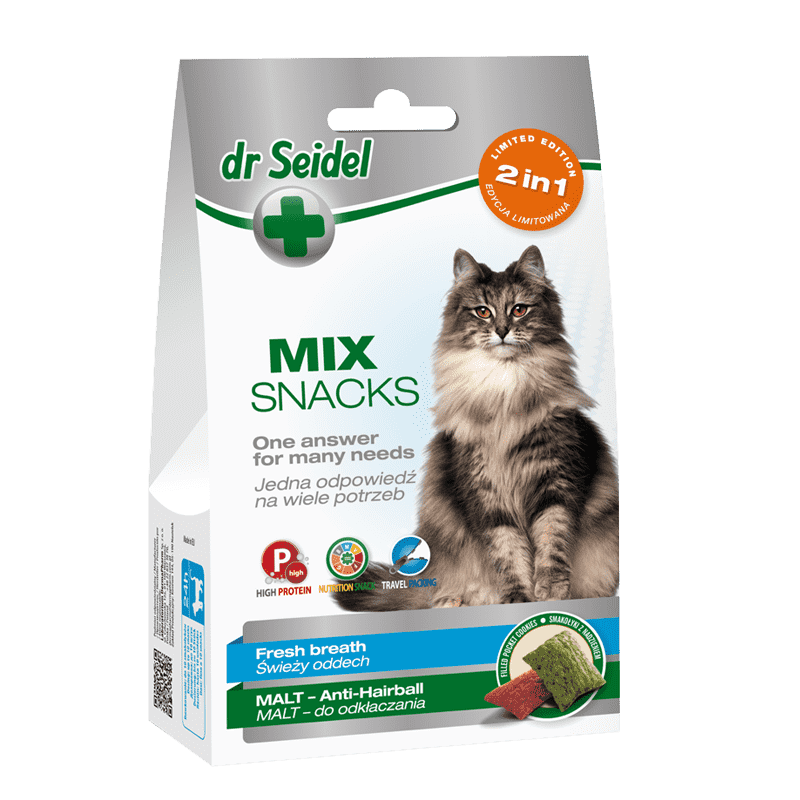 Dermapharm Dr Seidel Mix Snacks Fresh Breath Malt 60 g - przysmak dla kotów na świeży oddech i naodkłaczanie 60g Dostawa GRATIS od 159 zł