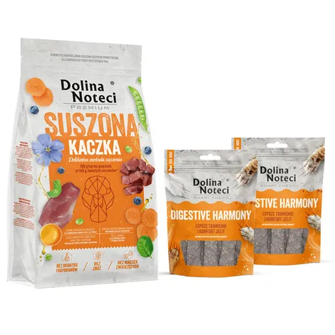 Karma suszona dla psa Dolina Noteci Premium kaczka 9 kg gratis 2 x Smart Chews Digestive Harmony wspierające trawienie