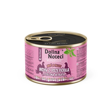 Mokra karma dla kota po sterylizacji indyk z przepiórką i zieloną herbatą Dolina Noteci Superfood Pasztet Filet 185 g