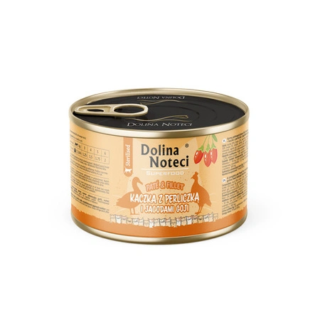 Mokra karma dla kota po sterylizacji kaczka z perliczką i jagodami goji Dolina Noteci Superfood Pasztet Filet 185 g