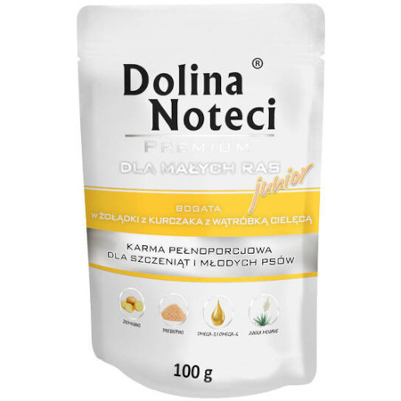 Mokra karma dla psów junior małych ras Dolina Noteci Premium bogata w żołądki z kurczaka z wątróbką cielęcą saszetka 100 g