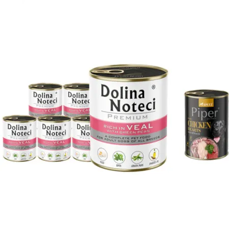 Mokra karma dla psa Dolina Noteci Premium bogata w cielęcinę z zielonym groszkiem 6 x 800 g gratis Piper Animals z sercami z kurczaka i szpinakiem 400 g