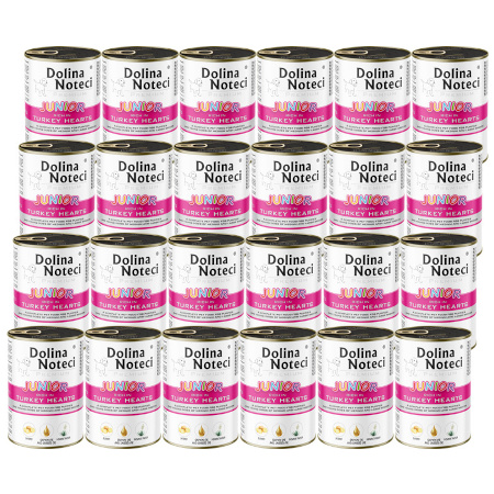 Mokra karma dla psa junior Dolina Noteci Premium bogata w serca z indyka zestaw 24 x 400 g