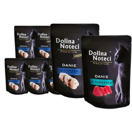 Mokra karma dla kota Dolina Noteci Premium Junior danie z dorsza z sardynką zestaw 10 x 85 g danie z tuńczyka 85 g gratis