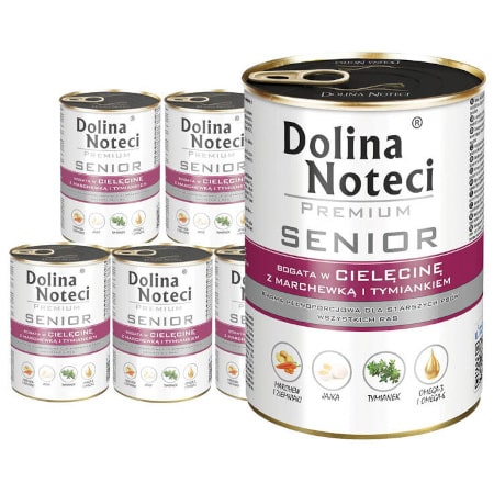 Mokra karma dla psa Dolina Noteci Premium Senior bogata w cielęcinę z marchewką i tymiankiem zestaw 12 x 400 g