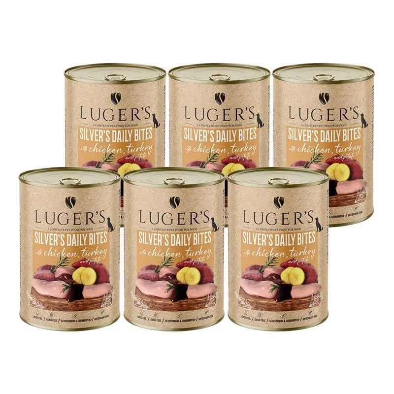 Karma mokra dla psa Lugers Silvers Daily Bites z kurczakiem indykiem i ziemniakiem zestaw 6 x 400 g