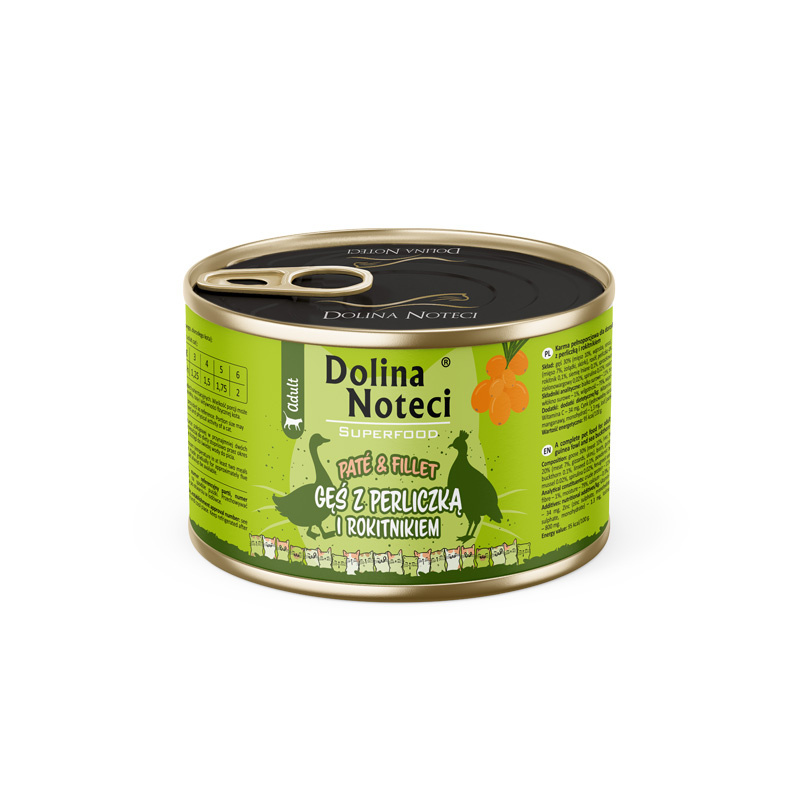 Mokra karma dla kota gęś z perliczką i rokitnikiem Dolina Noteci Superfood Pasztet & Filet 185 g