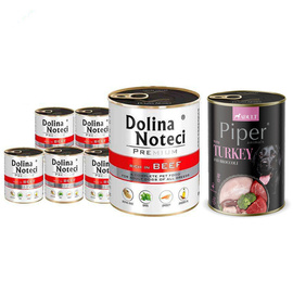Mokra karma dla psa Dolina Noteci Premium bogata w wołowinę zestaw 6 x 800 g + Piper Animals z indykiem i brokułem 400 g Gratis