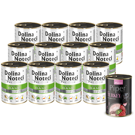 Mokra karma dla psa Dolina Noteci Premium bogata w dziczyznę zestaw 12 x 400 g + Piper Animals z indykiem i brokułem 400 g Gratis