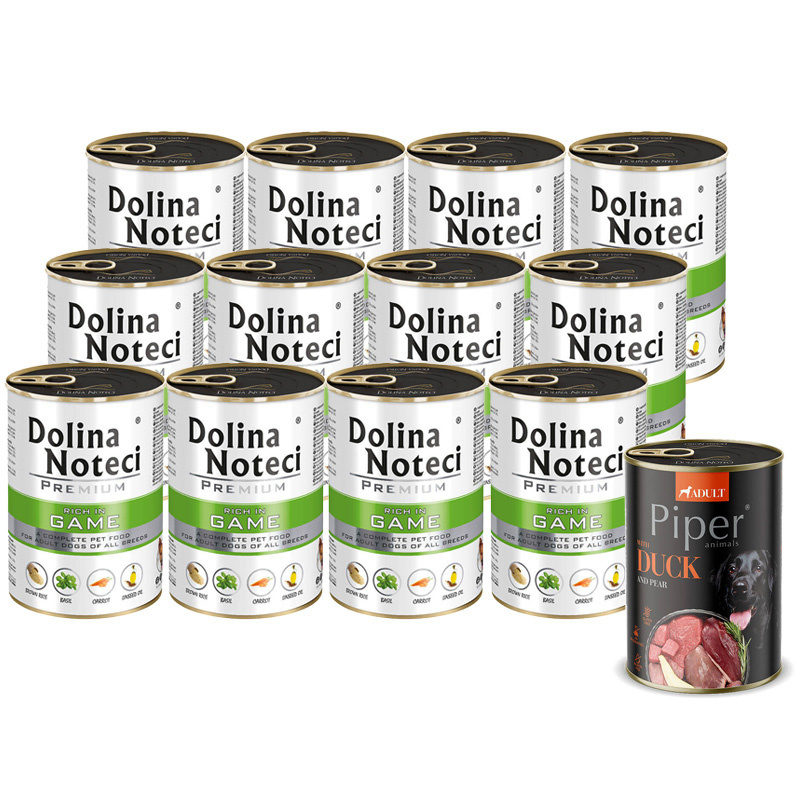 Mokra karma dla psa Dolina Noteci Premium bogata w dziczyznę zestaw 12 x 400 g + Piper Animals z kaczką i gruszką 400 g Gratis