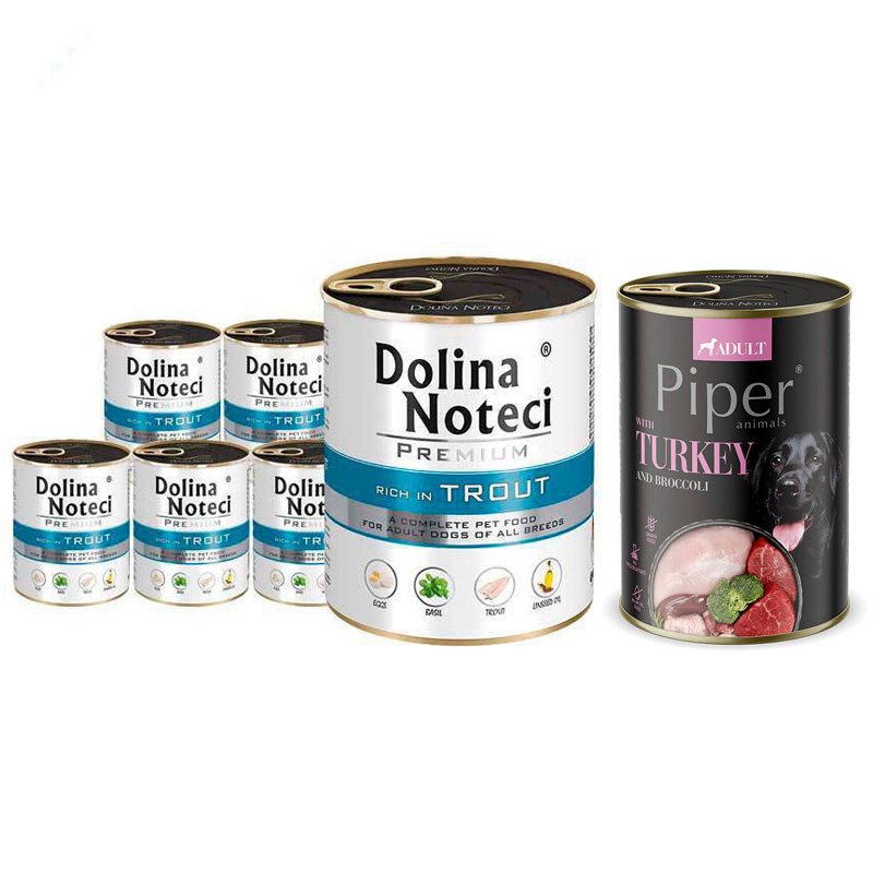 Mokra karma dla psa Dolina Noteci Premium bogata w pstrąga zestaw 6 x 800 g + Piper Animals z indykiem i brokułem 400 g Gratis