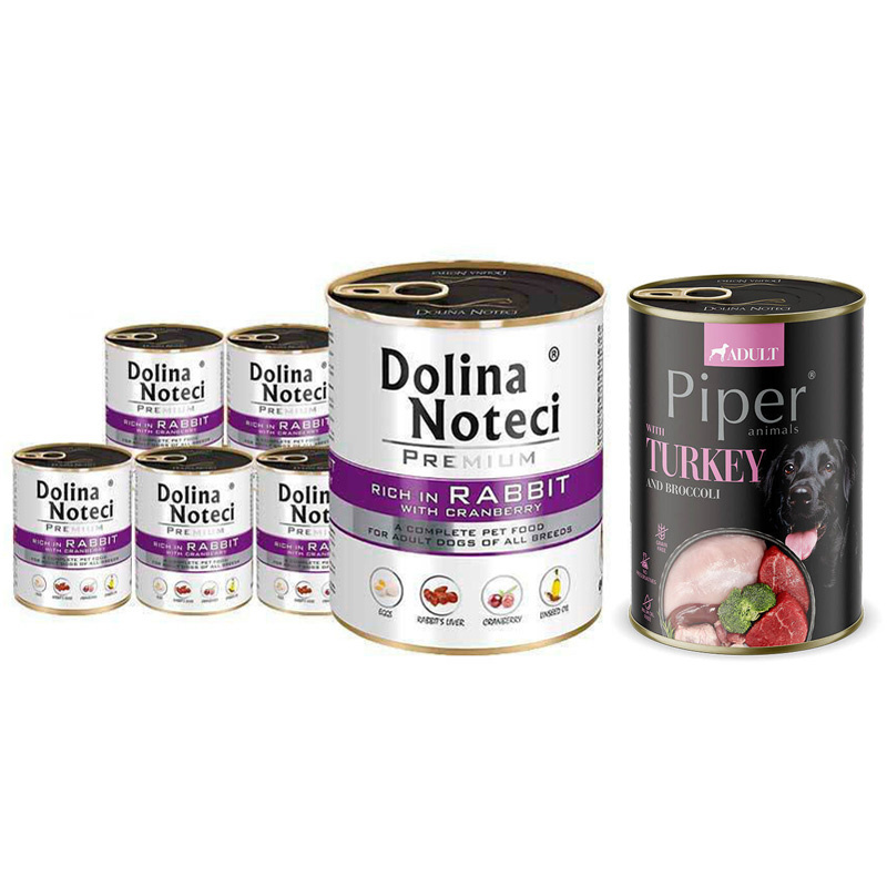 Mokra karma dla psa Dolina Noteci Premium bogata w królika z żurawiną zestaw 6 x 800 g + Piper Animals z indykiem i brokułem 400 g Gratis