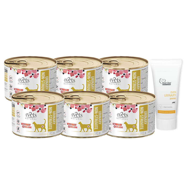 Mokra karma weterynaryjna dla kota ze schorzeniami dróg moczowych 4Vets Natural Urinary Non-struvite zestaw 6 x 185 g + Over Zoo Over Urinary Paste P
