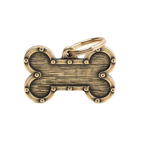 Zawieszka Adresówka Identyfikator z grawerem dla psa i kota kość mosiądz złoty z obramówką L