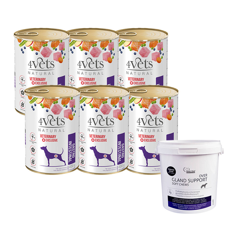 Mokra karma weterynaryjna dla psa z problemami gastrycznymi 4Vets Natural Gastro Intestinal 6 x 400 g + Over Zoo Over Gland Support Soft Chews Żujki
