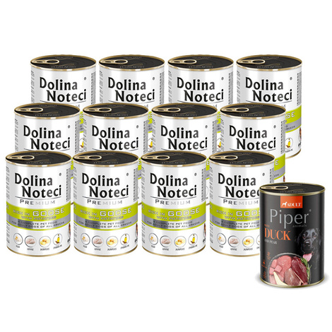 Mokra karma dla psa Dolina Noteci Premium bogata w gęś z ziemniakami zestaw 12 x 400 g + Piper Animals z kaczką i gruszką 400 g Gratis