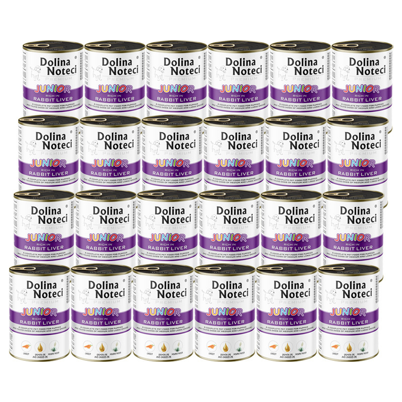 Mokra karma dla psa junior Dolina Noteci Premium bogata w wątróbkę z królika zestaw 24 x 400 g