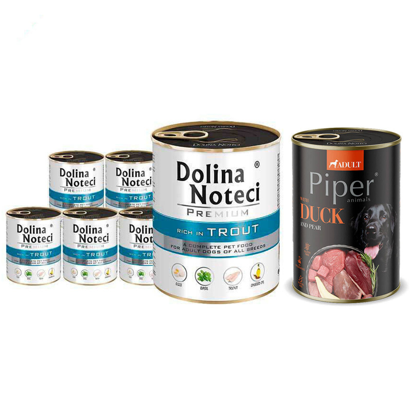 Mokra karma dla psa Dolina Noteci Premium bogata w pstrąga zestaw 6 x 800 g + Piper Animals z kaczką i gruszką 400 g Gratis