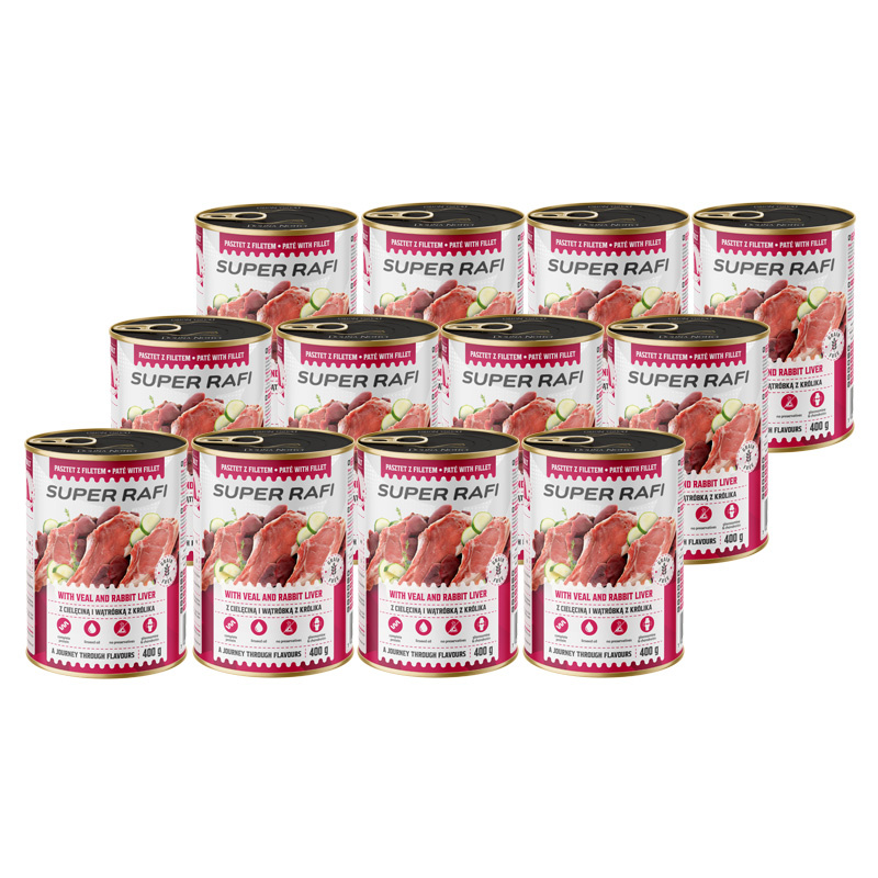 Super Rafi Mokra karma dla psa z cielęciną i wątróbką z królika zestaw 12 x 400 g