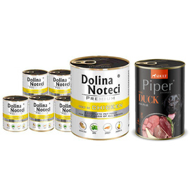 Mokra karma dla psa Dolina Noteci Premium bogata w kurczaka zestaw 6 x 800 g + Piper Animals z kaczką i gruszką 400 g Gratis