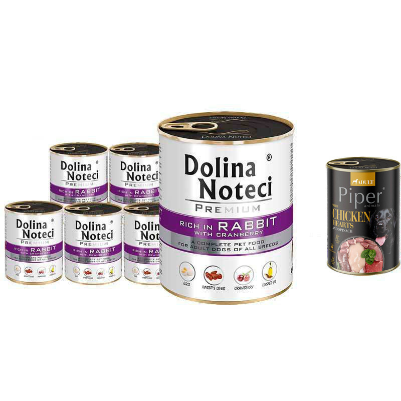Mokra karma dla psa Dolina Noteci Premium bogata w królika z żurawiną zestaw 6 x 800 g + gratis Piper Animals z sercami z kurczaka i szpinakiem 400 g