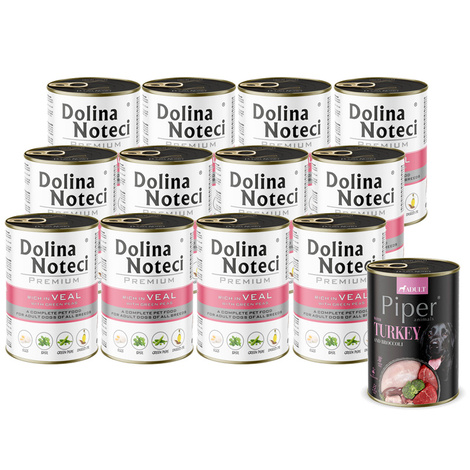 Mokra karma dla psa Dolina Noteci Premium bogata w cielęcinę z zielonym groszkiem zestaw 12 x 400 g + Piper Animals z indykiem i brokułem 400 g Gratis
