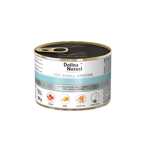 Mokra karma dla psów małych ras Dolina Noteci Premium z cielęciną, pomidorami i makaronem puszka 185 g