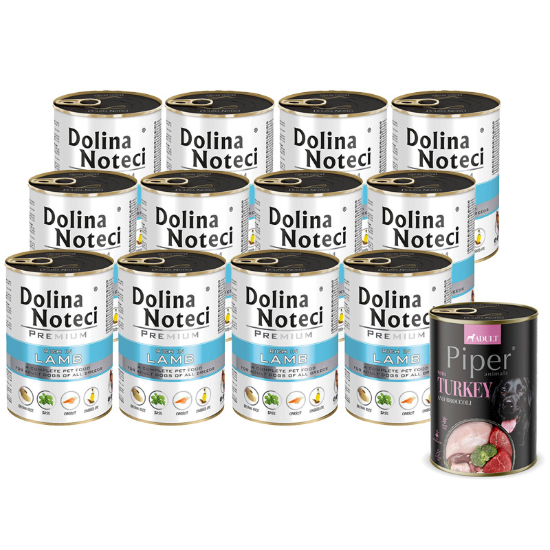 Mokra karma dla psa Dolina Noteci Premium bogata w jagnięcinę zestaw 12 x 400 g + Piper Animals z indykiem i brokułem 400 g Gratis