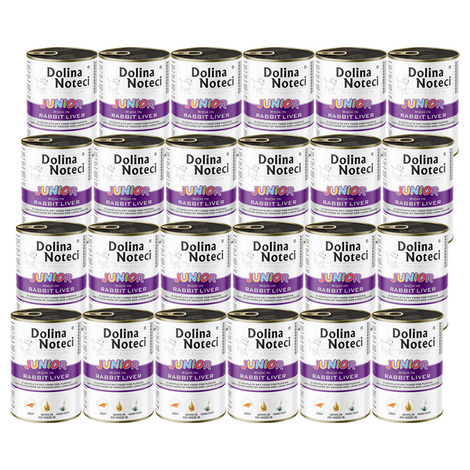 Mokra karma dla psa junior Dolina Noteci Premium bogata w wątróbkę z królika zestaw 24 x 400 g