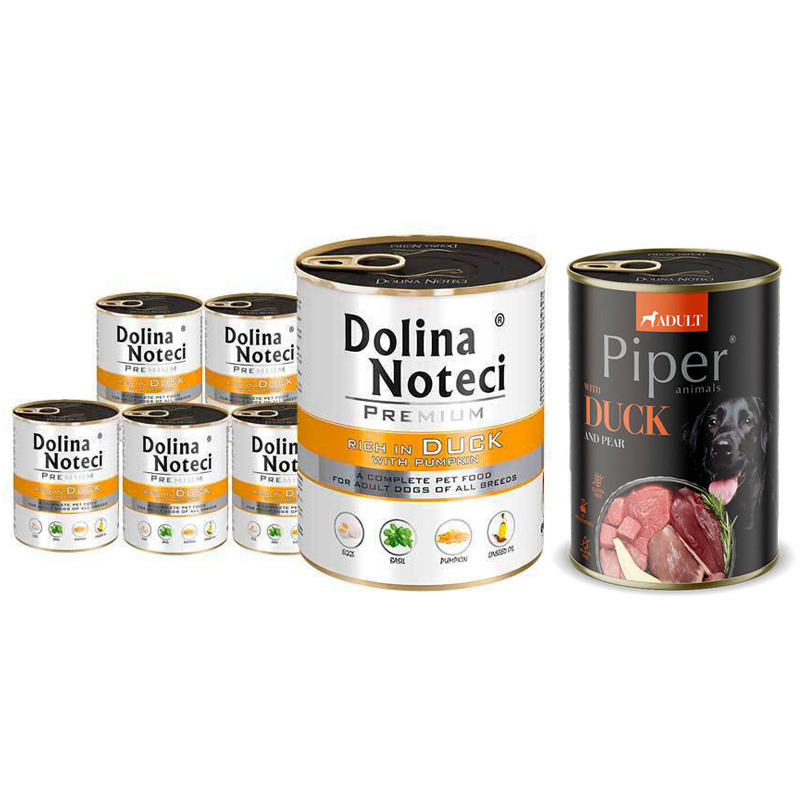 Mokra karma dla psa Dolina Noteci Premium bogata w kaczkę z dynią zestaw 6 x 800 g + Piper Animals z kaczką i gruszką 400 g Gratis