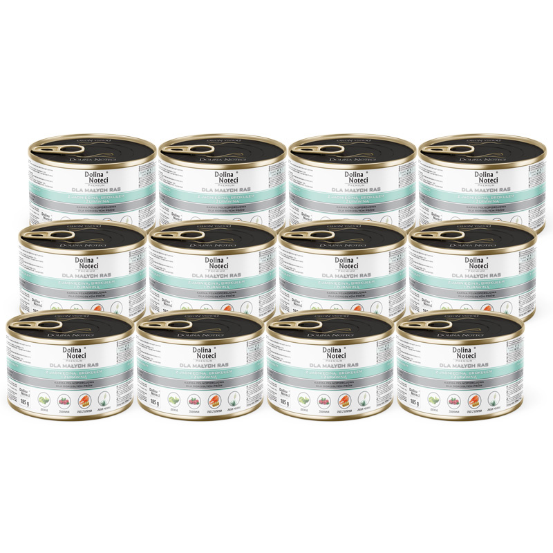 Mokra karma dla psów małych ras Dolina Noteci Premium z jagnięciną, brokułem i żurawiną zestaw 12 x 185 g