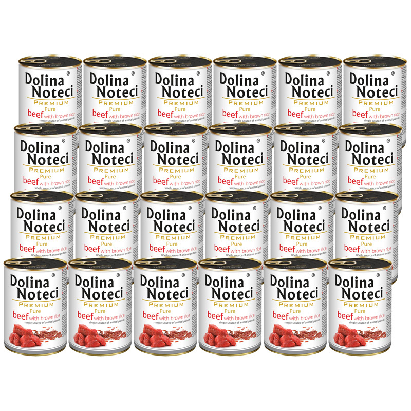 Mokra karma dla psa alergika Dolina Noteci Premium Pure bogata w wołowinę z ryżem brązowym zestaw 24 x 400 g