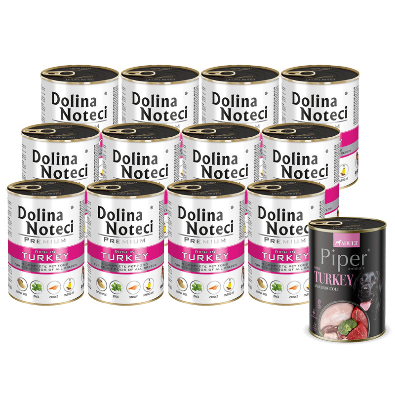 Mokra karma dla psa Dolina Noteci Premium bogata w indyka zestaw 12 x 400 g + Piper Animals z indykiem i brokułem 400 g Gratis