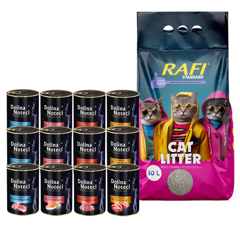 Dolina Noteci Premium Zestaw Mokra karma dla kota 12 x 400 g + Rafi Zbrylający żwirek o zapachu lawendy Standard 10 l