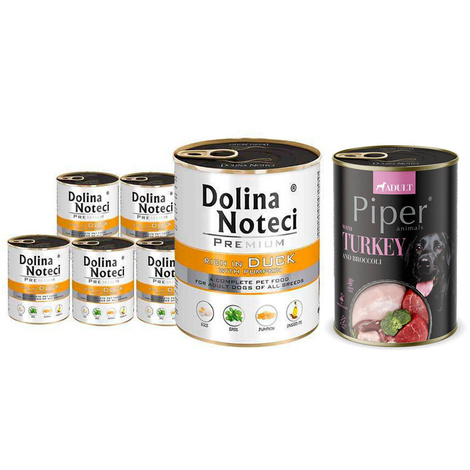 Mokra karma dla psa Dolina Noteci Premium bogata w kaczkę z dynią zestaw 6 x 800 g + Piper Animals z indykiem i brokułem 400 g Gratis
