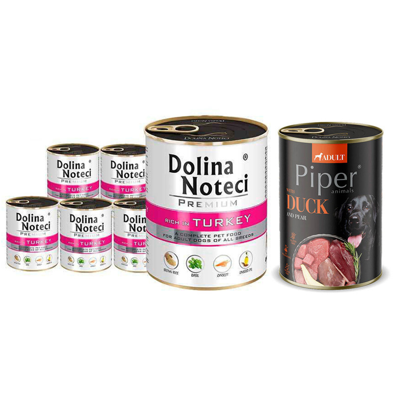 Mokra karma dla psa Dolina Noteci Premium bogata w indyka zestaw 6 x 800 g + Piper Animals z kaczką i gruszką 400 g Gratis
