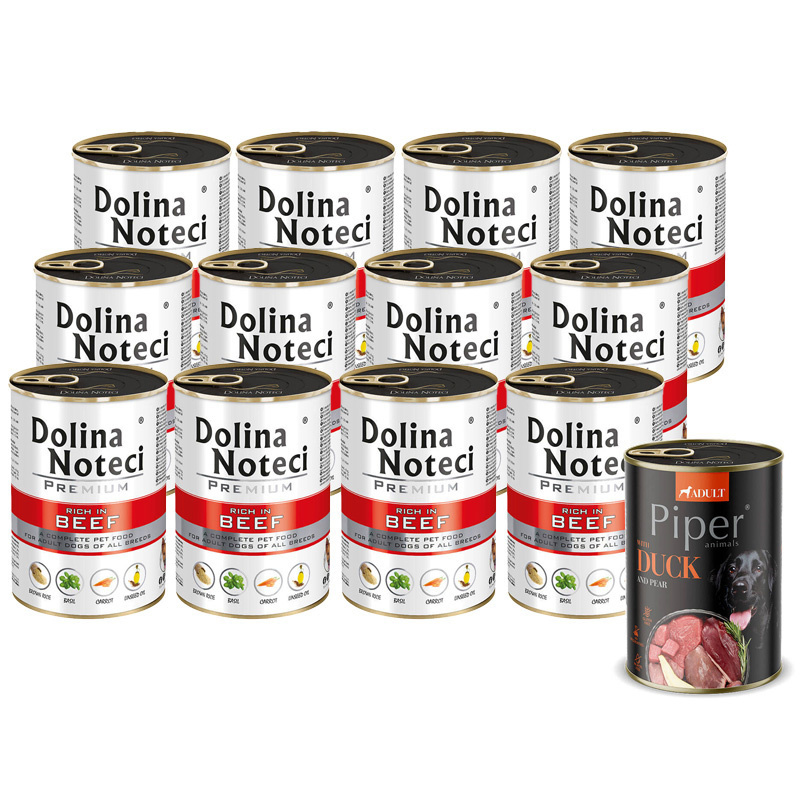 Mokra karma dla psa Dolina Noteci Premium bogata w wołowinę zestaw 12 x 400 g + Piper Animals z kaczką i gruszką 400 g Gratis