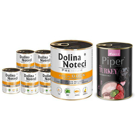 Mokra karma dla psa Dolina Noteci Premium bogata w kaczkę z dynią zestaw 6 x 800 g + Piper Animals z indykiem i brokułem 400 g Gratis