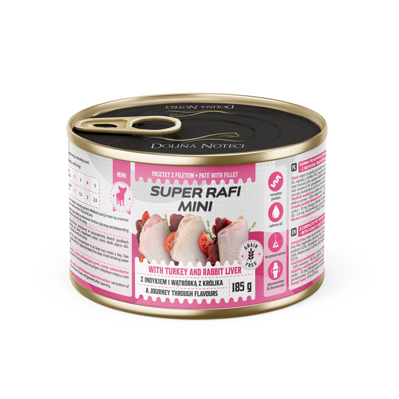 Super Rafi Mini Mokra karma dla psów małych ras z indykiem i wątróbką z królika 185 g