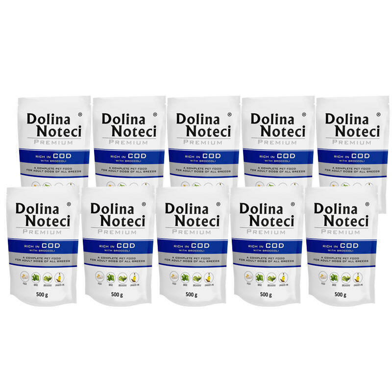 Mokra karma dla psa Dolina Noteci Premium bogata w dorsza z brokułami zestaw 10 x 500 g