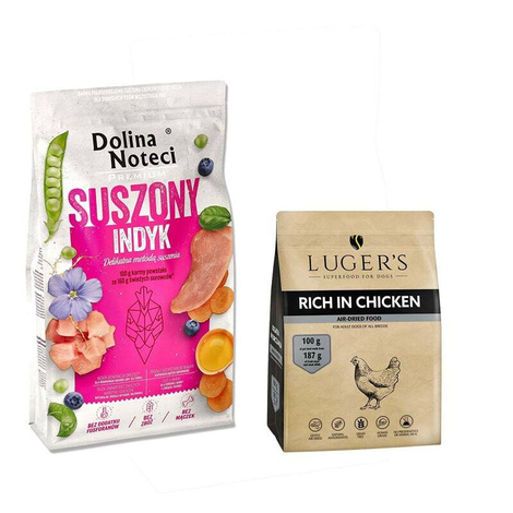 Karma suszona dla psa Dolina Noteci Premium indyk 9 kg + Luger’s karma suszona dla psa bogata w kurczaka 1 kg