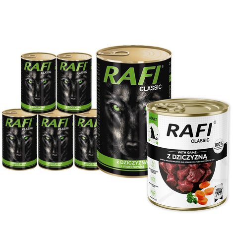 Mokra karma dla psa Rafi Classic z dziczyzną i marchewką zestaw 6 x 1240 g + Rafi Classic 800 g gratis