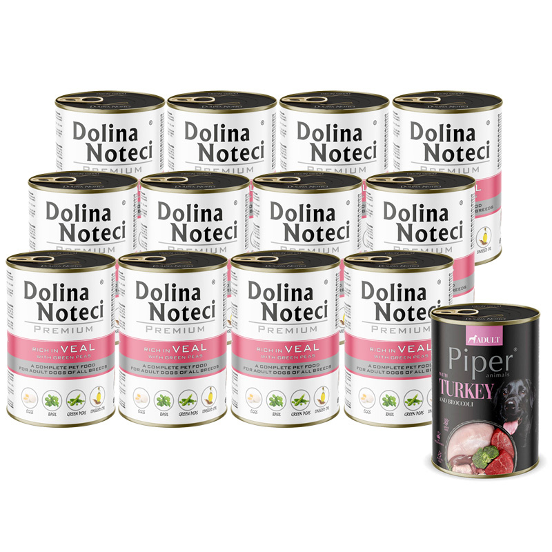 Mokra karma dla psa Dolina Noteci Premium bogata w cielęcinę z zielonym groszkiem zestaw 12 x 400 g + Piper Animals z indykiem i brokułem 400 g Grati