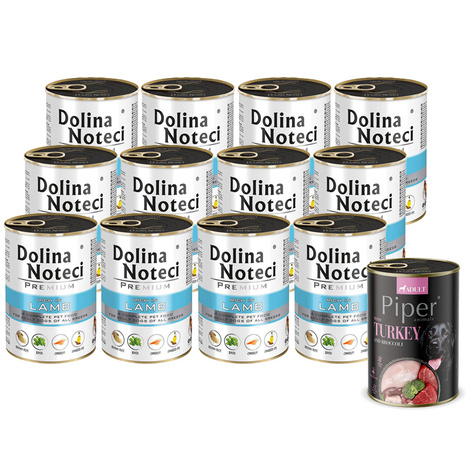 Mokra karma dla psa Dolina Noteci Premium bogata w jagnięcinę zestaw 12 x 400 g + Piper Animals z indykiem i brokułem 400 g Gratis