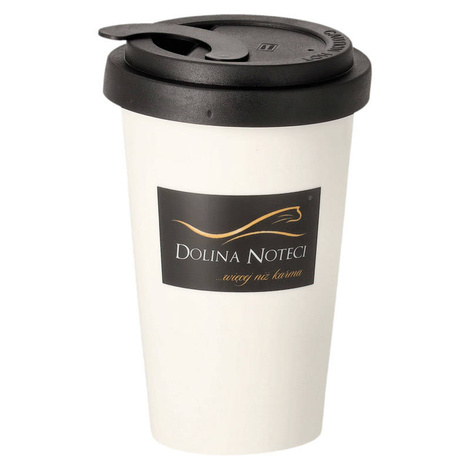 Dolina Noteci Kubek porcelanowy z czarną przykrywką 300 ml Ciężko pracuję, aby mój pies miał godne życie