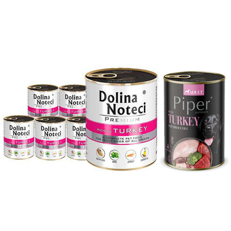 Mokra karma dla psa Dolina Noteci Premium bogata w indyka zestaw 6 x 800 g + Piper Animals z indykiem i brokułem 400 g Gratis