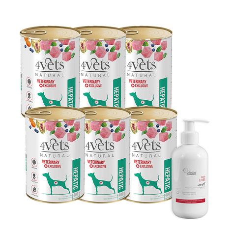 Mokra karma weterynaryjna dla psa ze schorzeniami wątroby 4Vets Natural Hepatic 6 x 400 g + Over Zoo Over Liver Preparat wspierający funkcje wątroby psów i kotów 250 ml